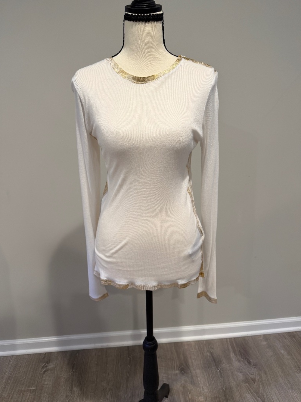 Zadig & Voltaire White Metallic Willy Gold Long Sleeve Top Sz S